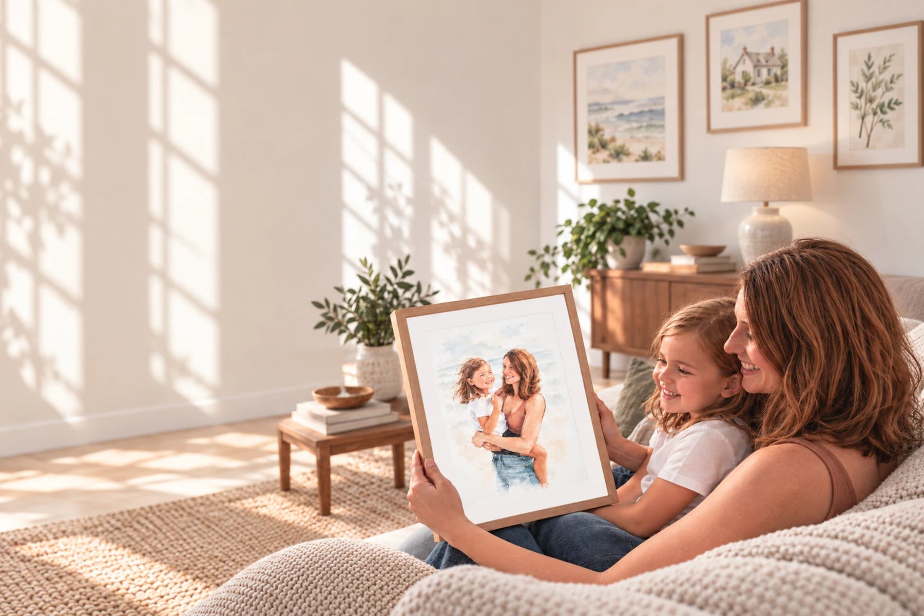 A mother and child enjoying a framed personalised portrait at home